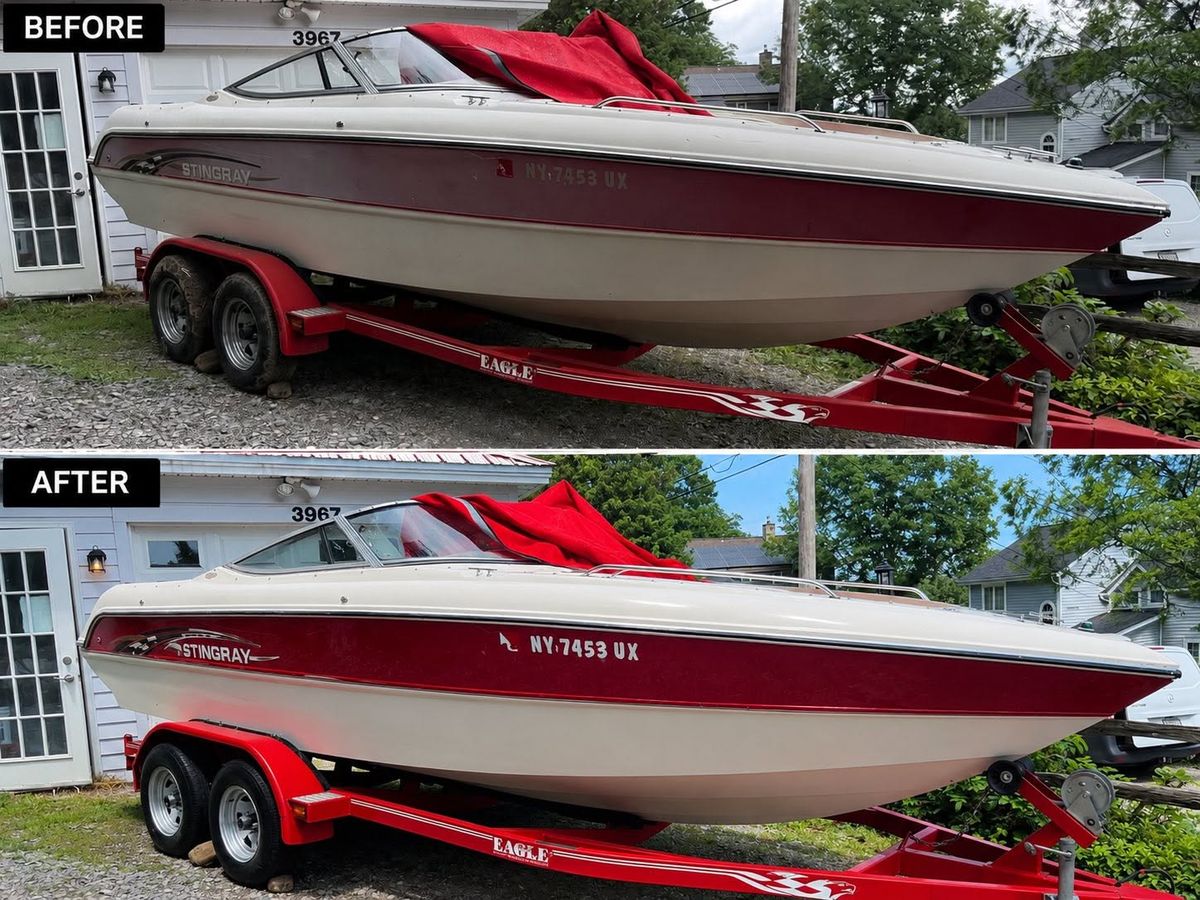 Before and after of a Stingray bowrider hull detailed by Shoreless Detailing — oxidised red gelcoat restored to a deep gloss
